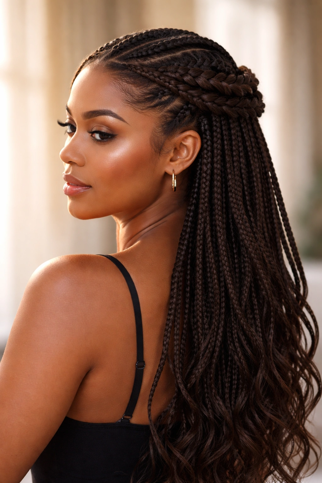 Crowned cornrows forming a braided crown with loose flowing braids