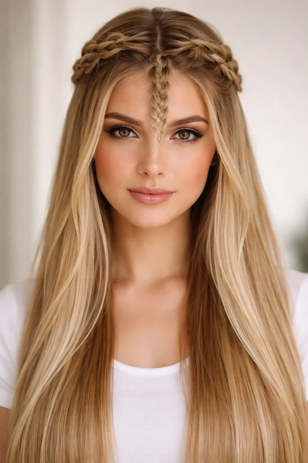 Braided crown with center waterfall on straight hair