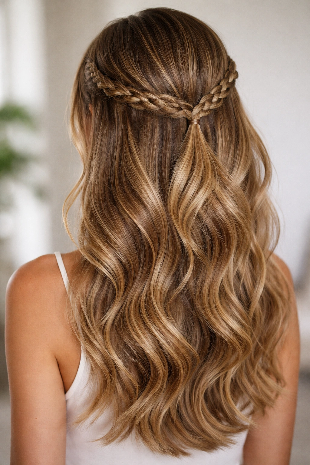 Braided crown with layered waves on wavy hair