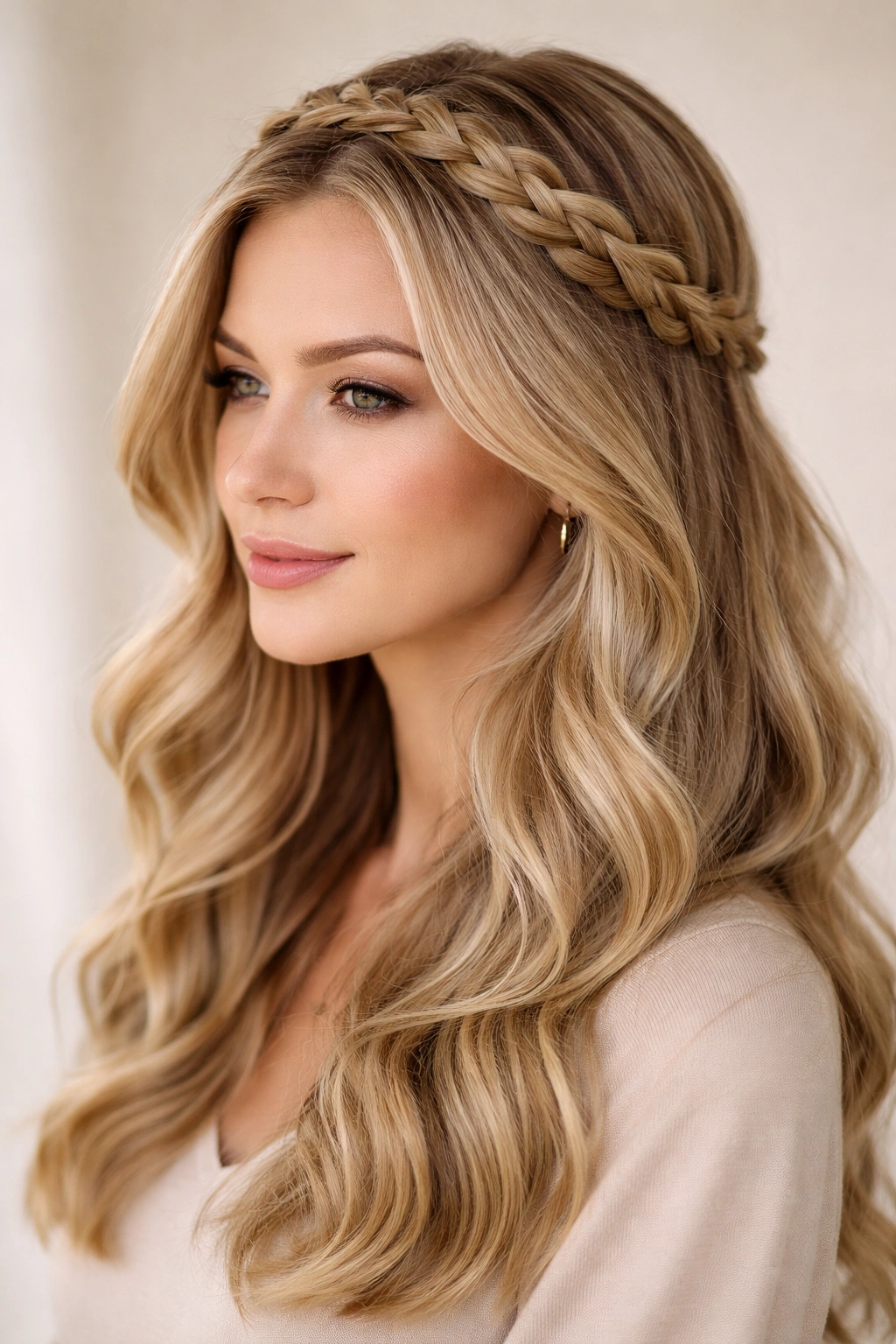 Hair with a braided crown weaving into soft waves