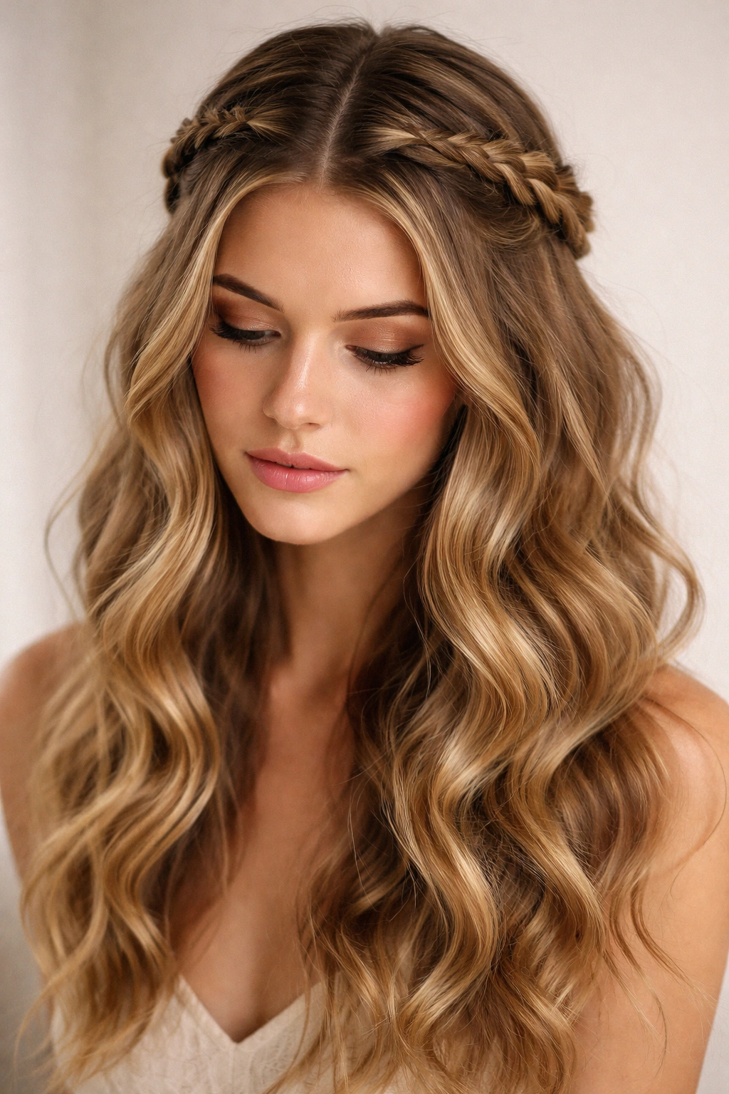 Braided crown with center part and loose waves framing the face