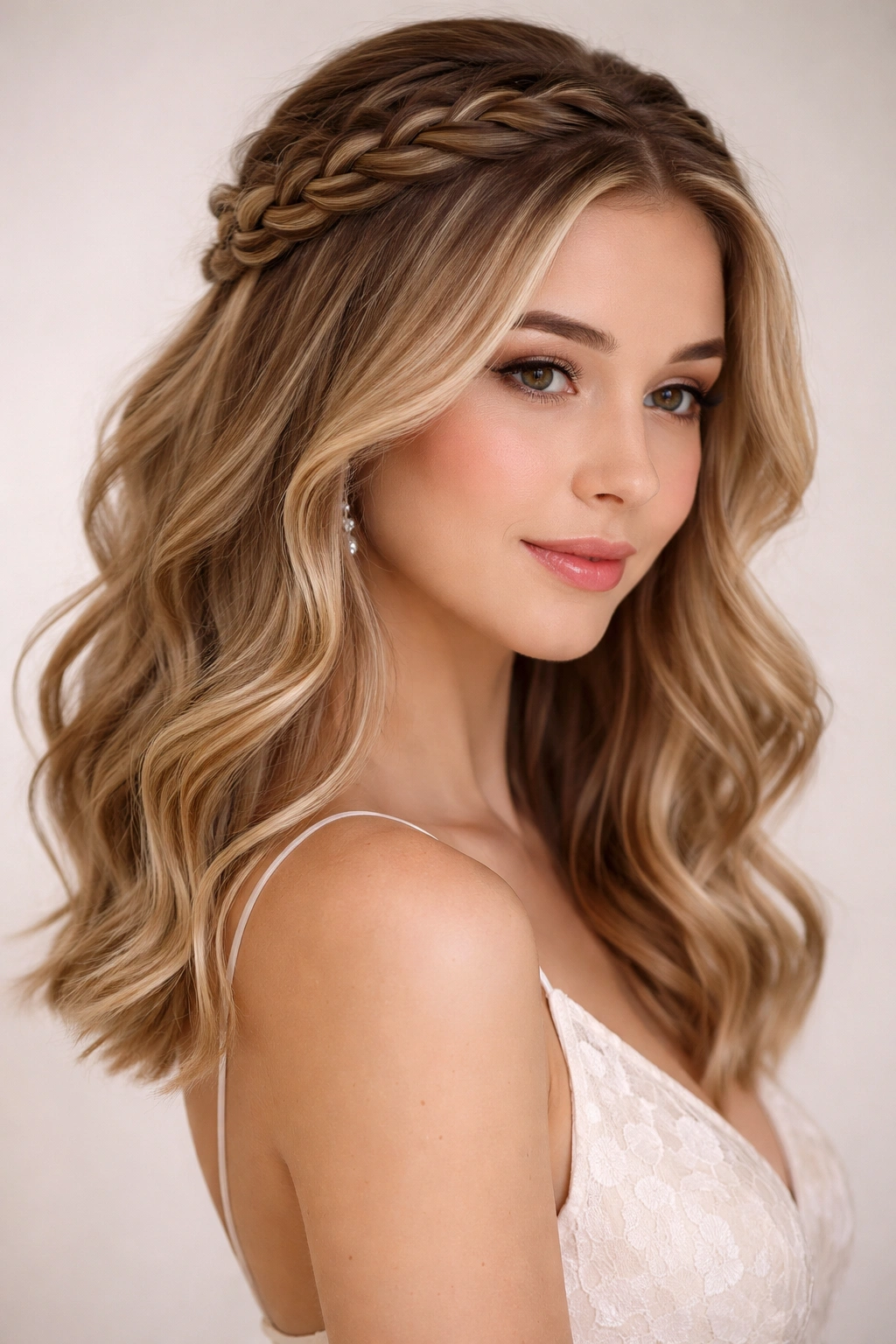 Close-up of braided crown with loose waves on shoulder-length hair