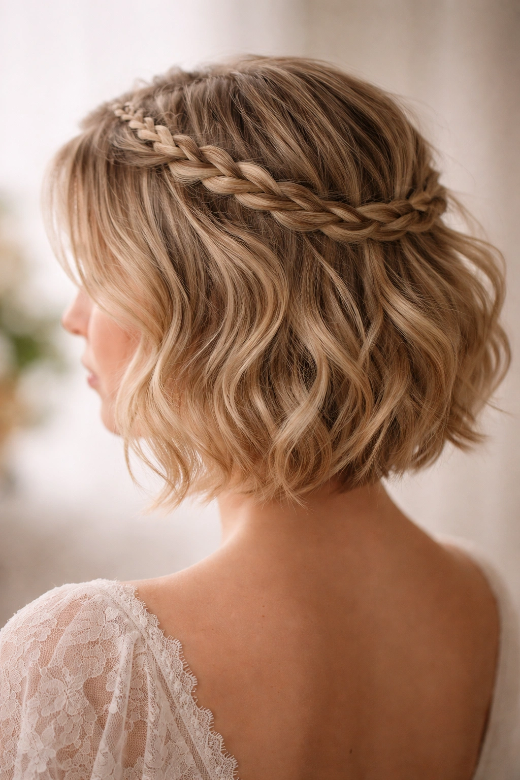 Braided crown with wavy texture and loose textured waves
