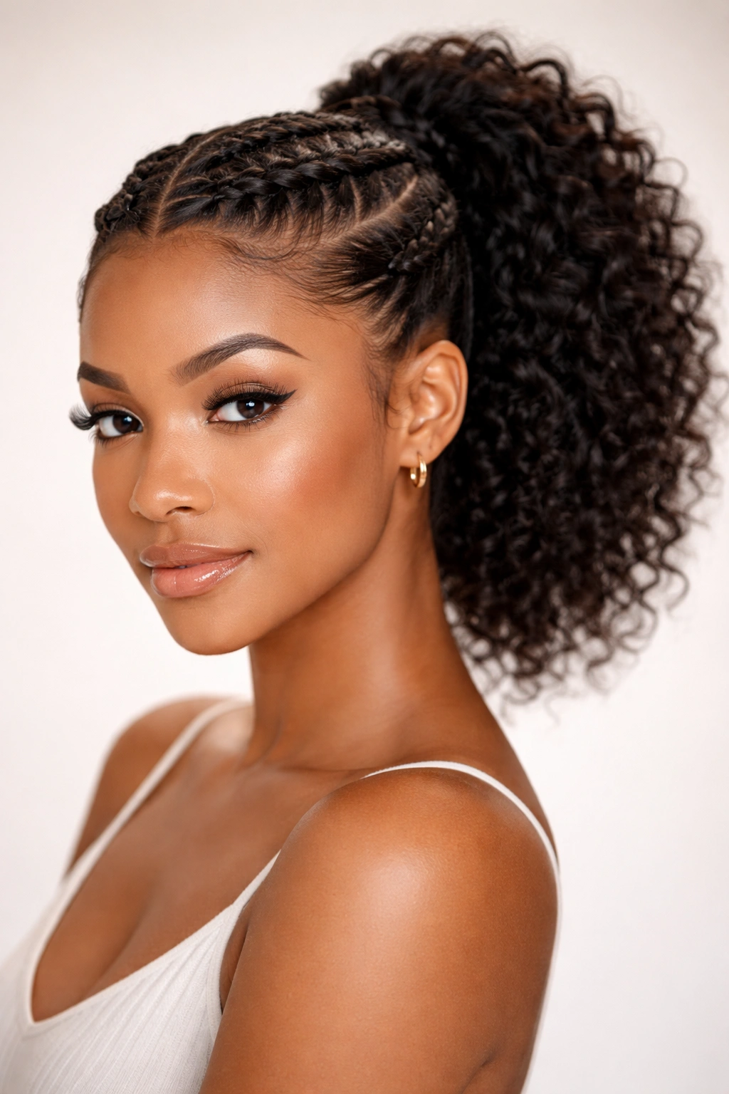 Braided crown weave ponytail with crown braids transitioning to ponytail