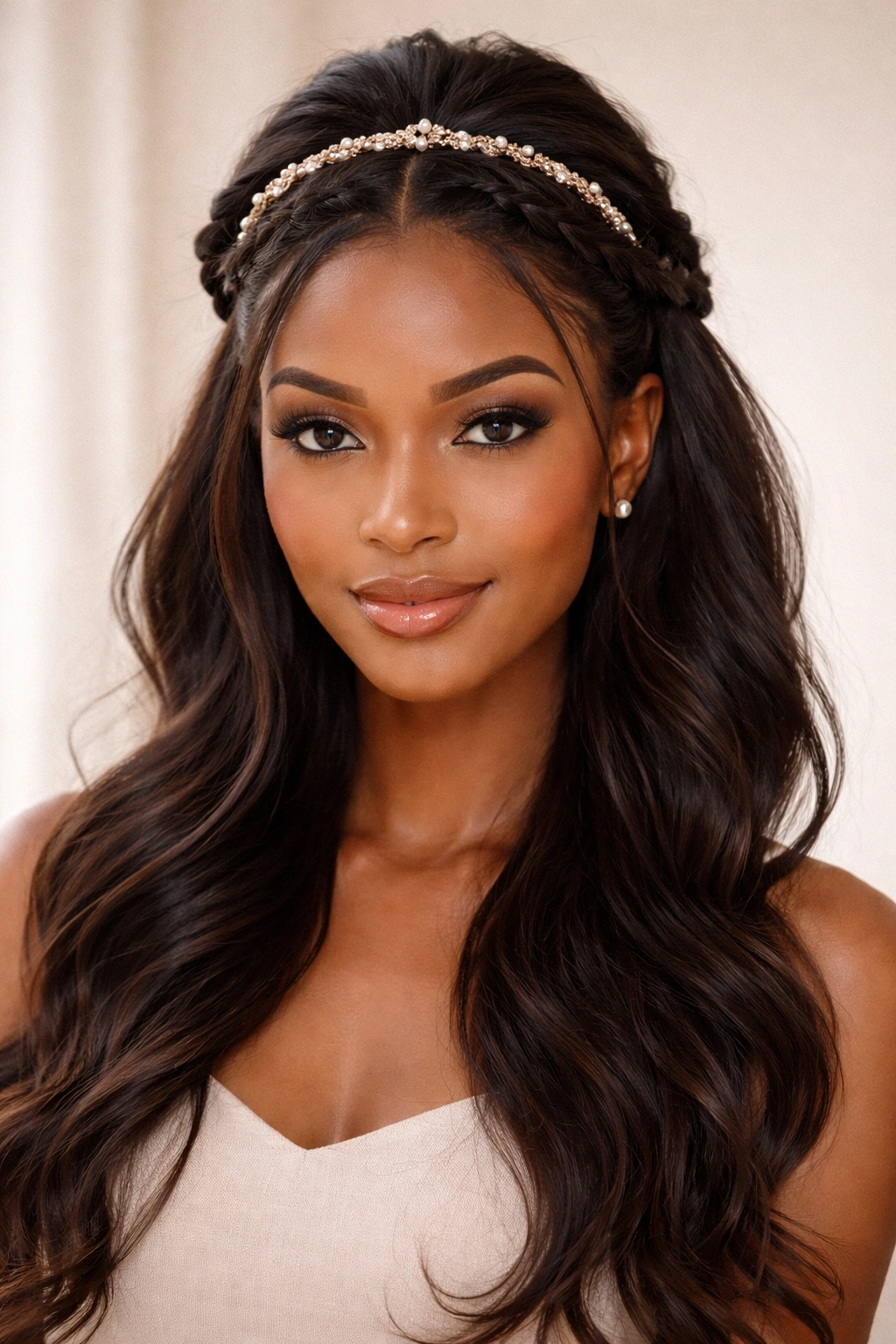 Wig with braided crown and half-up style