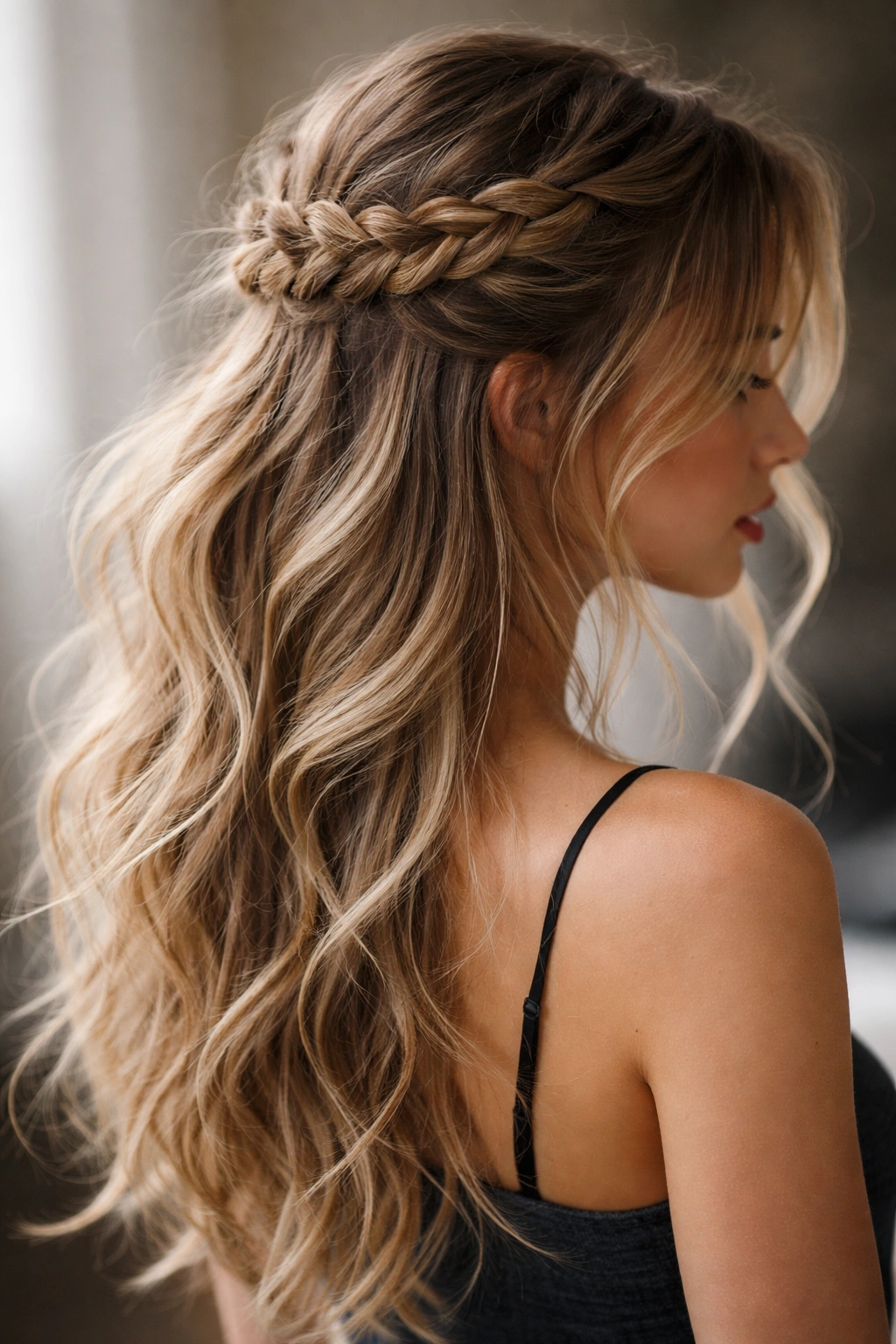 Crown braid halo with wispy face-framing strands.