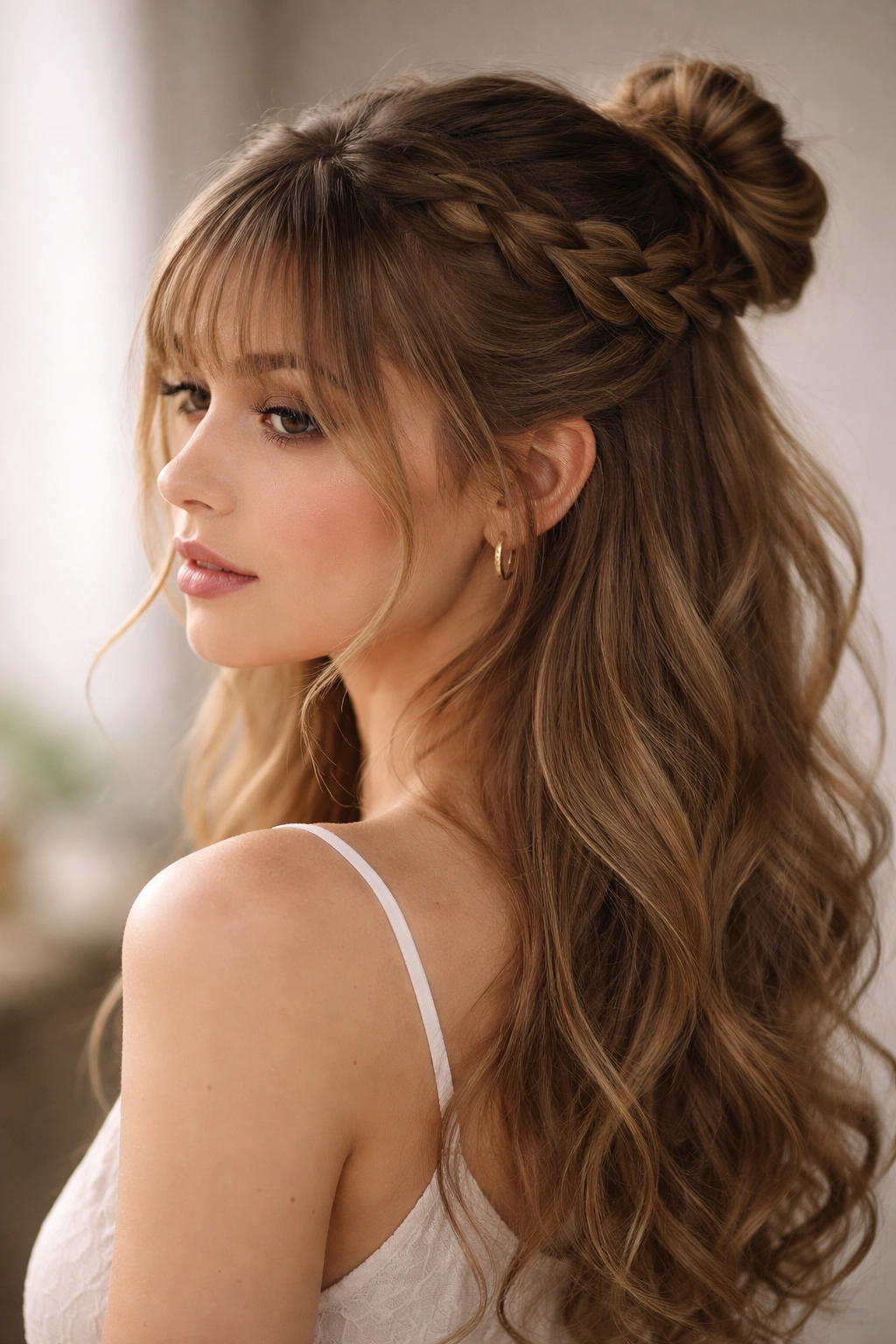 Close-up of a model wearing a braided crown half-up with wispy bangs