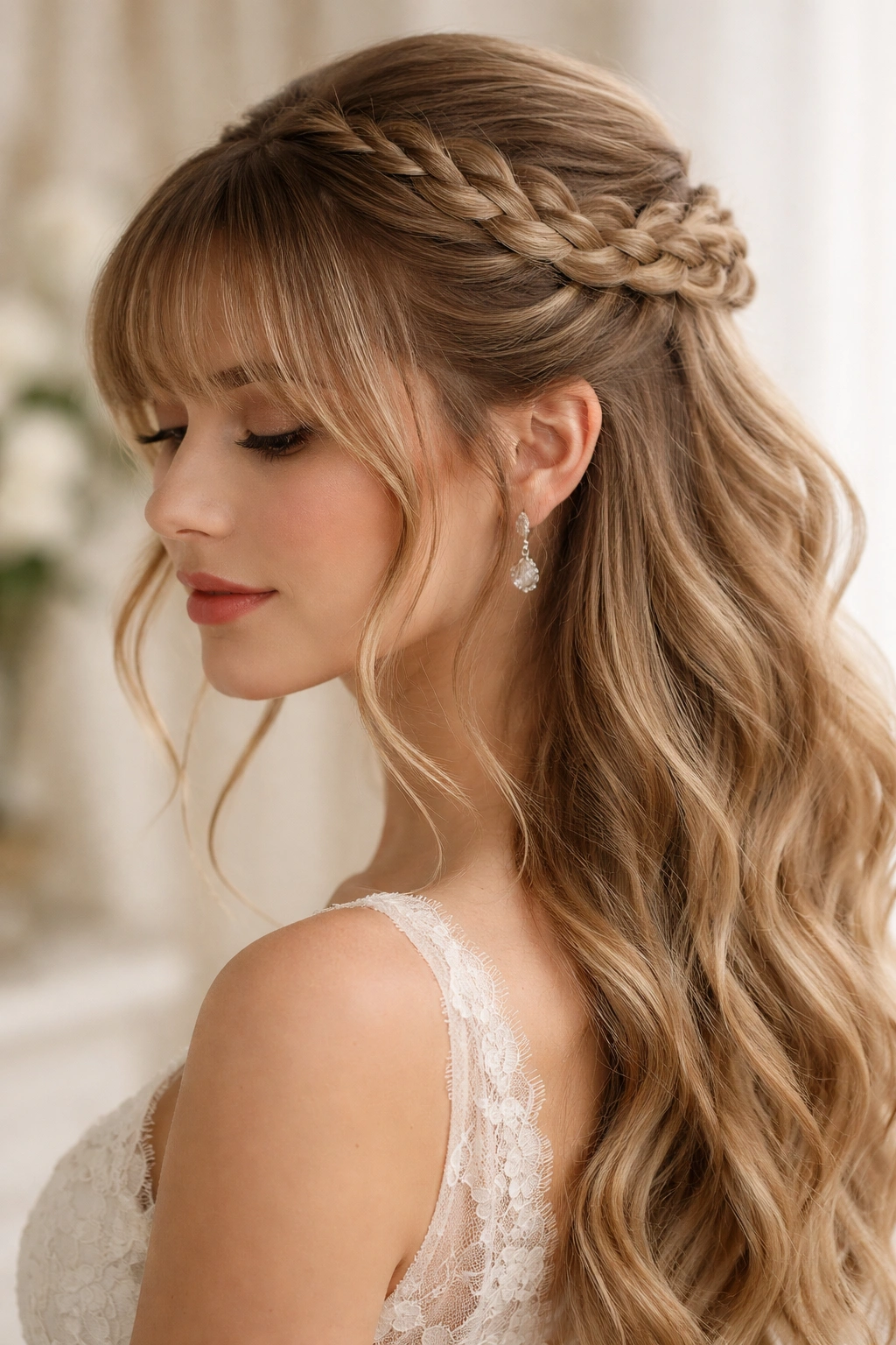 Close-up of a bridal head with a Dutch crown braid and wispy bangs