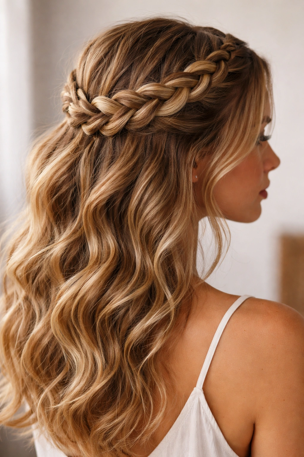 Dutch braided crown wrap around thick wavy hair with waves visible