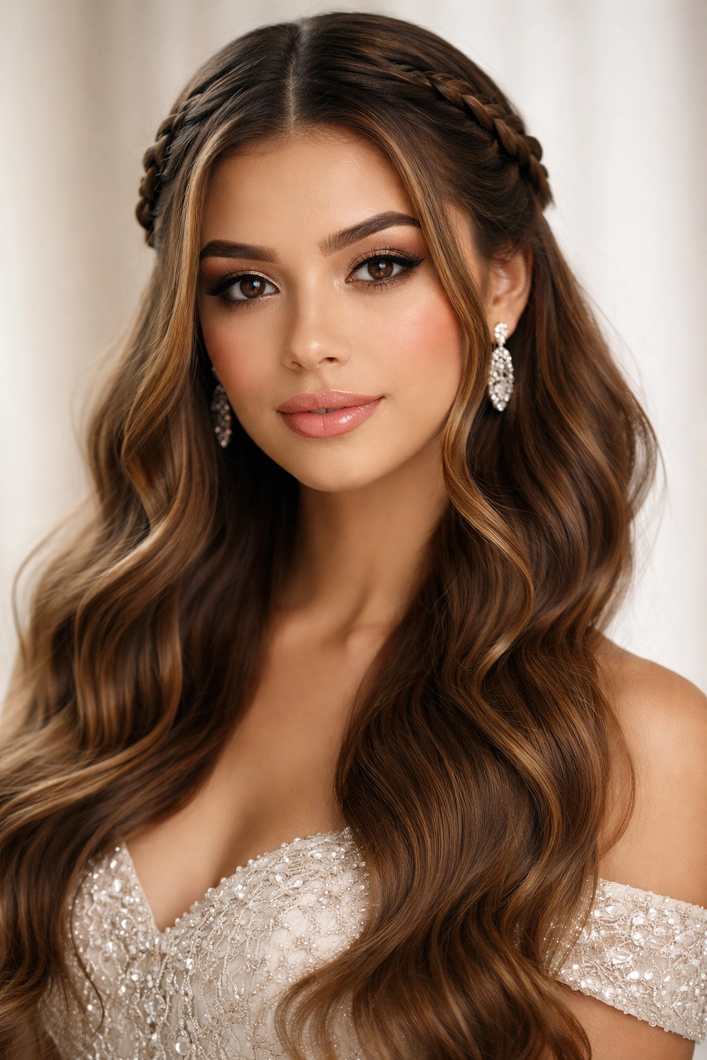 Close-up of curtain braids framing a center-part with loose waves