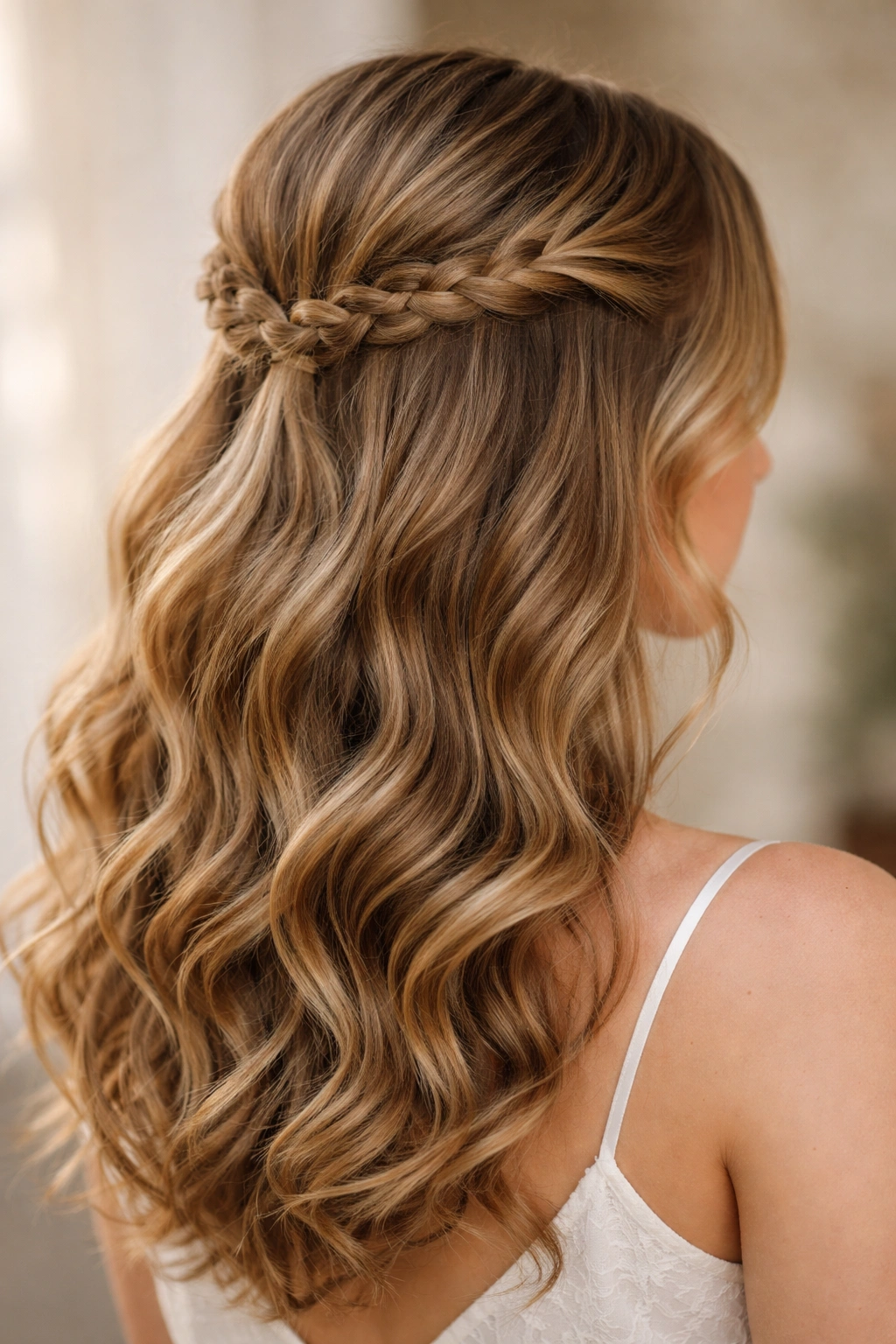Two temple braids woven into the back with loose curls