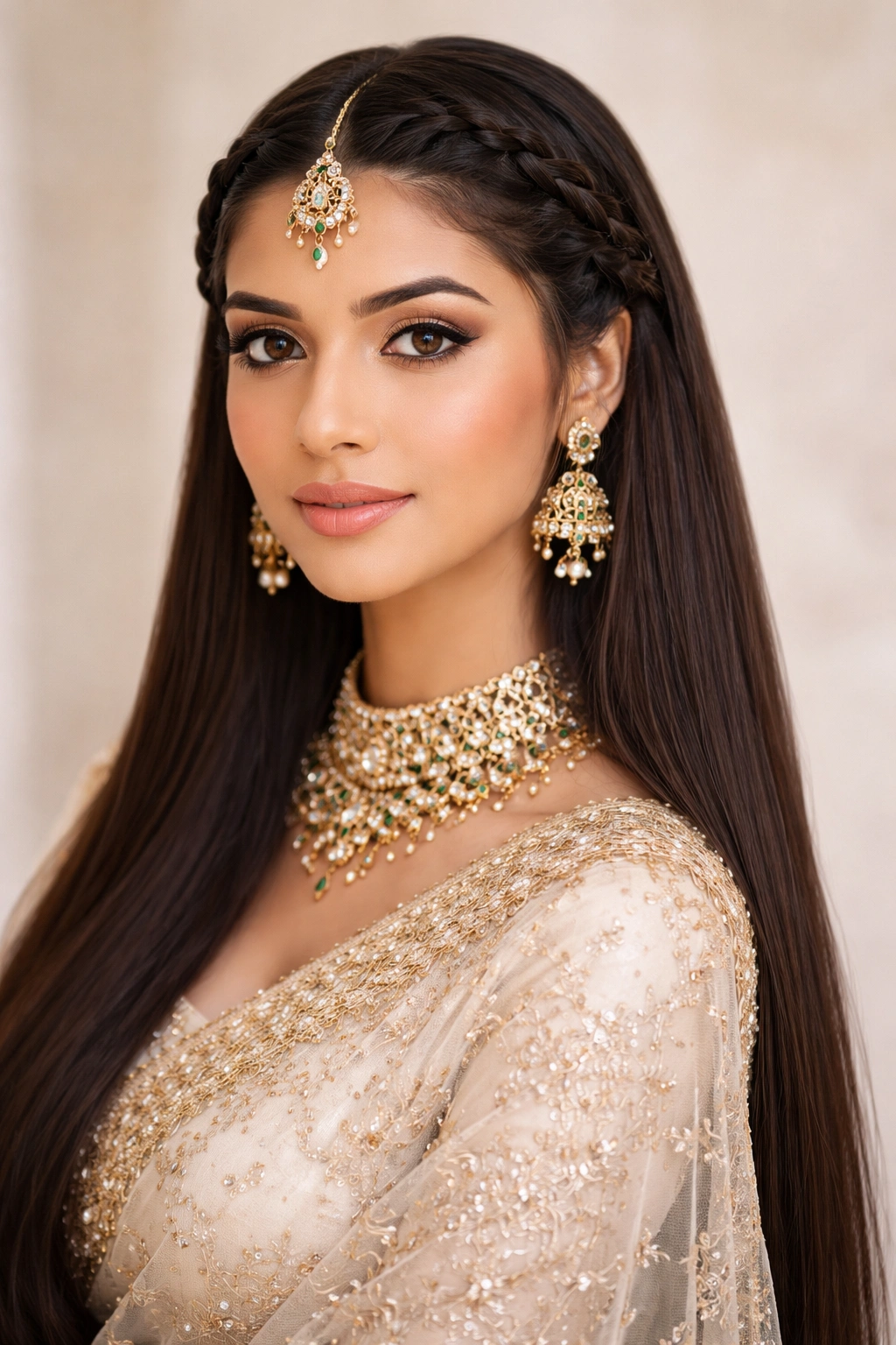 Face-framing braids at the temples with a smooth straight back hairstyle