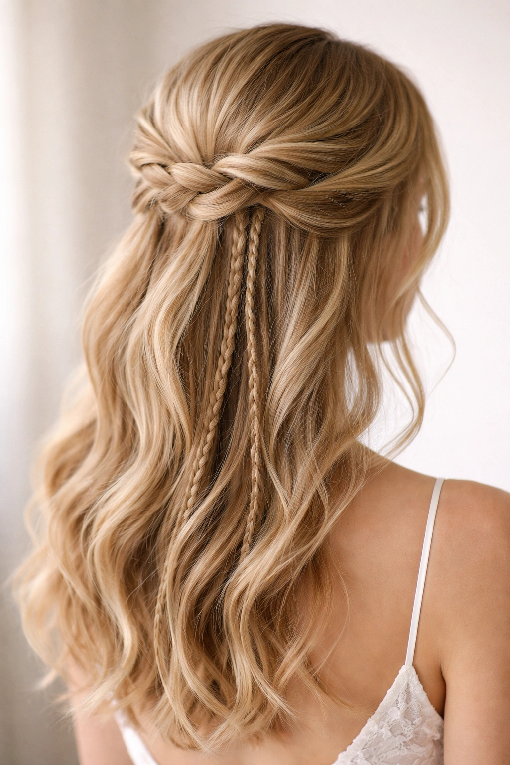 Close-up of a bridal hairstyle featuring a half-up braid with loose braids cascading below in soft studio lighting