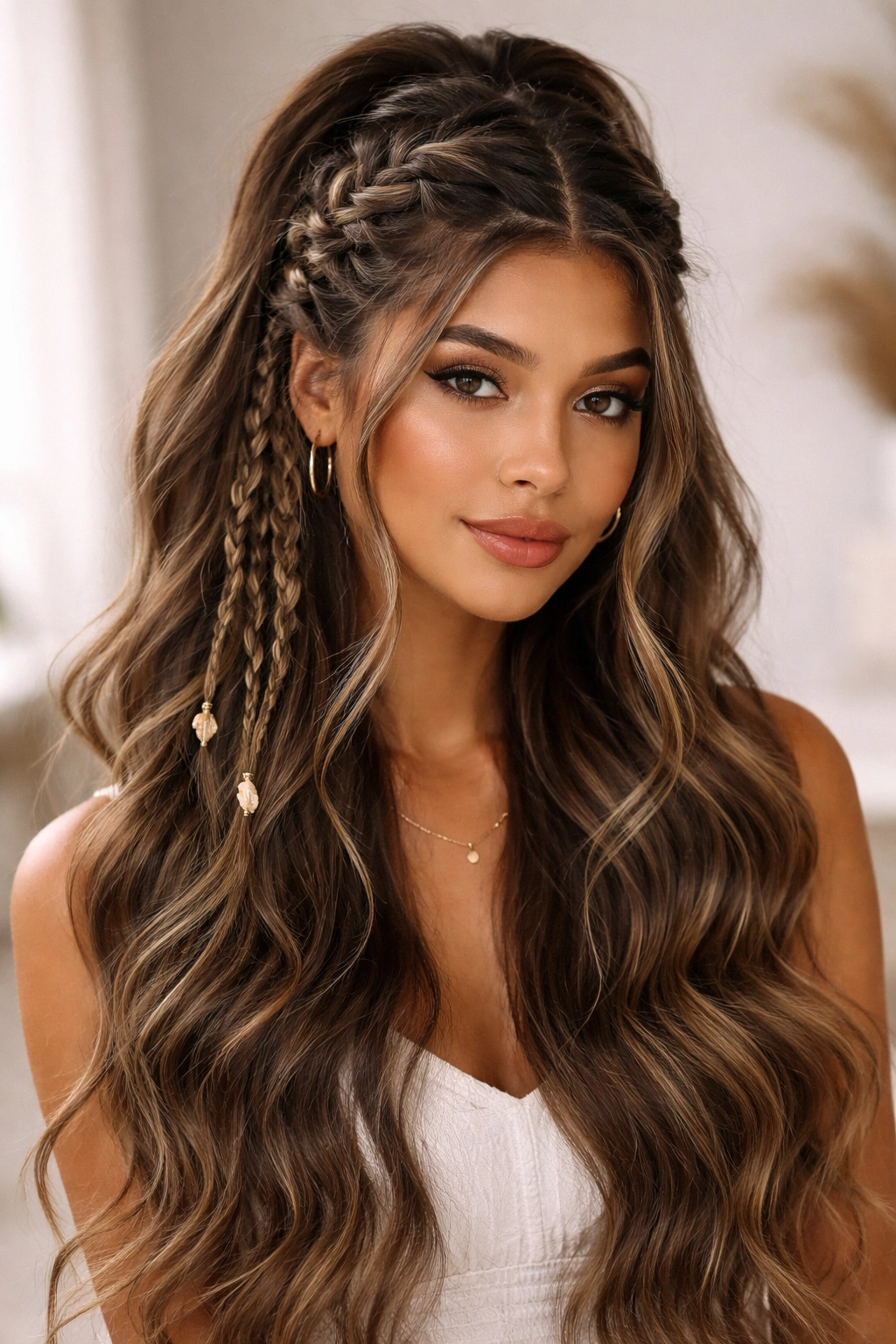 Braided half with boho texture and loose flowing waves beneath.