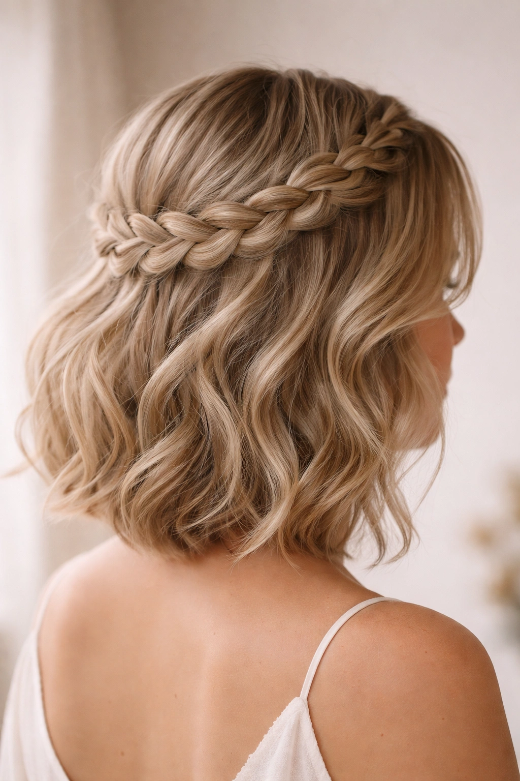 Half crown braid across back of head with loose waves below.