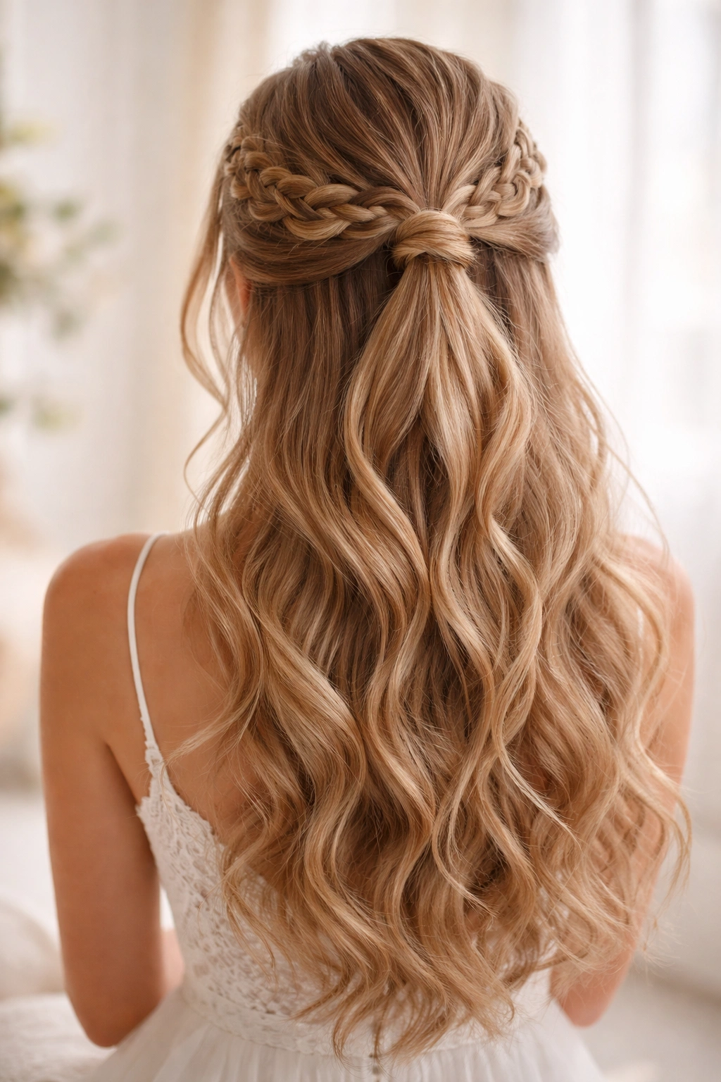 Close-up of braided half-down ponytail hairstyle with crown braids