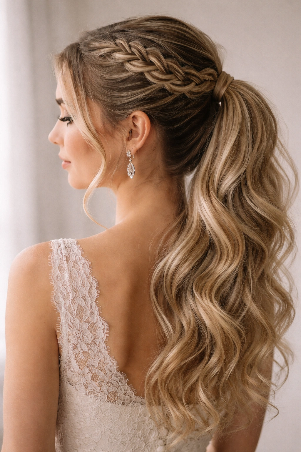 Close-up of Romantic Braided Half Ponytail with a crown braid and soft waves