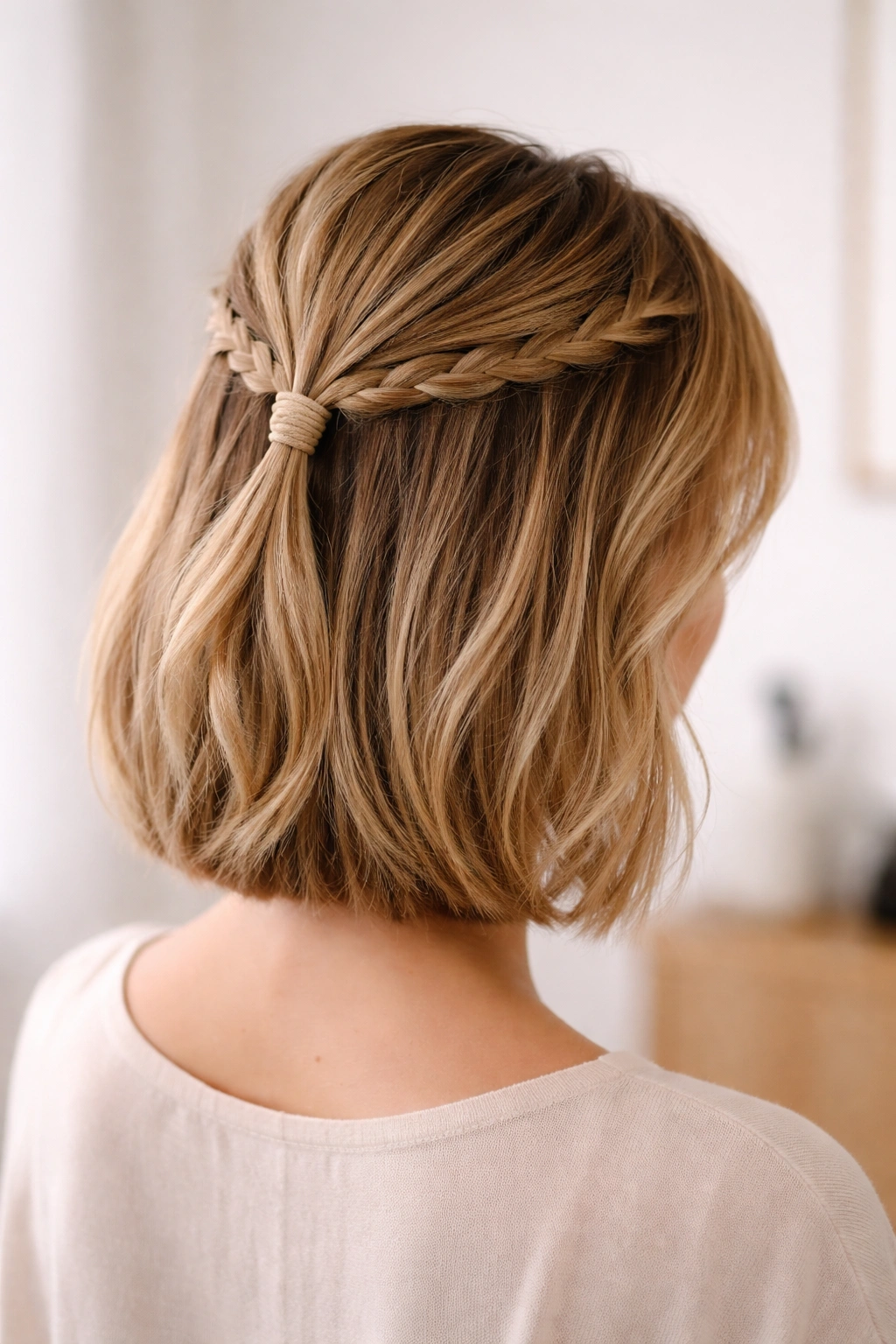 Braided half ponytail with woven elastic base on bob