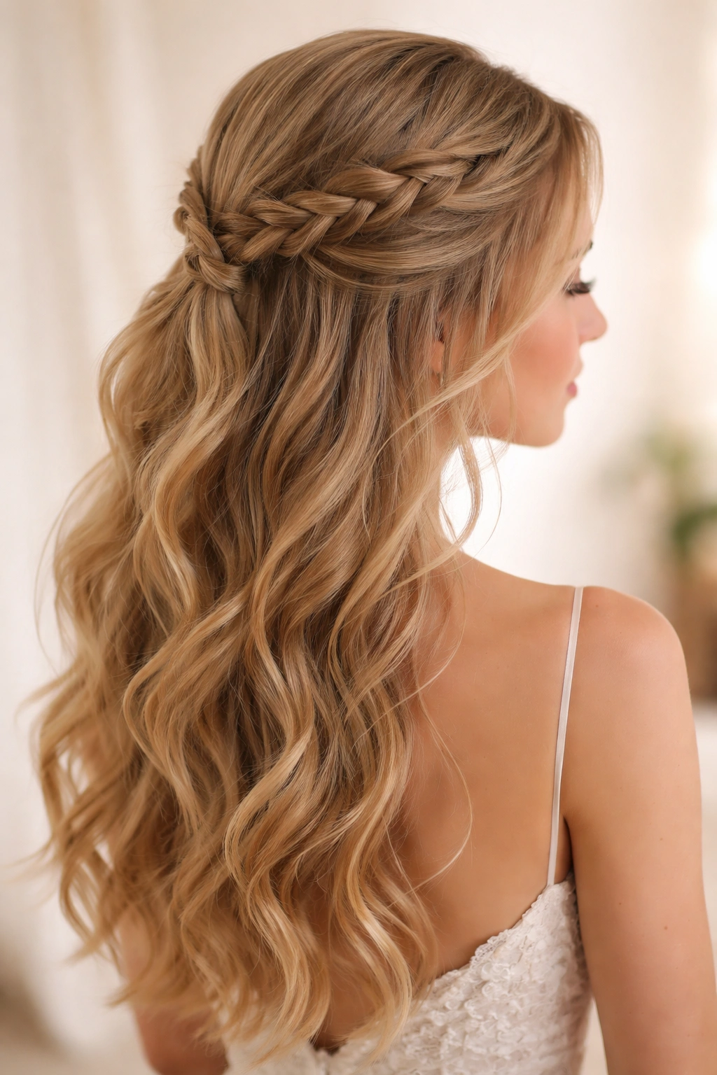 Soft romantic half twist with loose braids woven into twists.