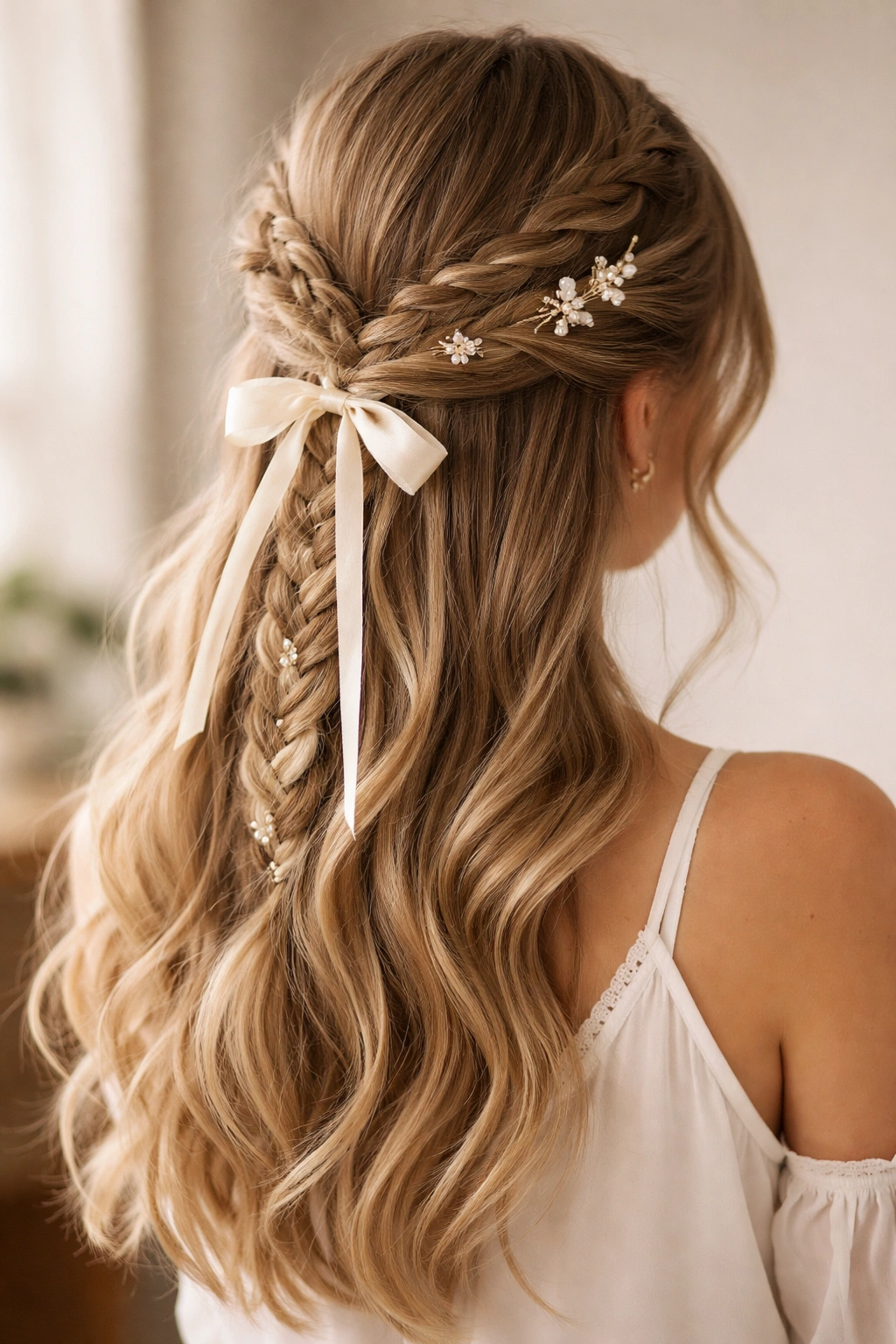 Half-up braided hairstyle with decorative hair accessories like clips or ribbon.