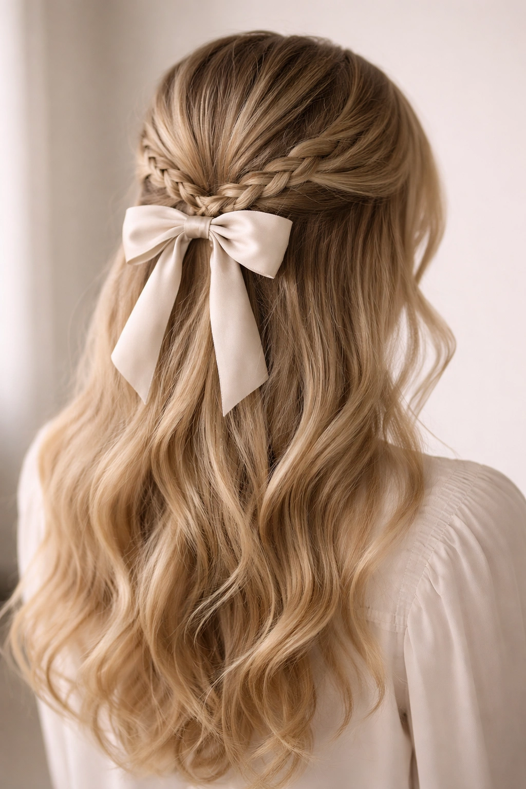 Side/back view of braid integrated into half-up bow hairstyle