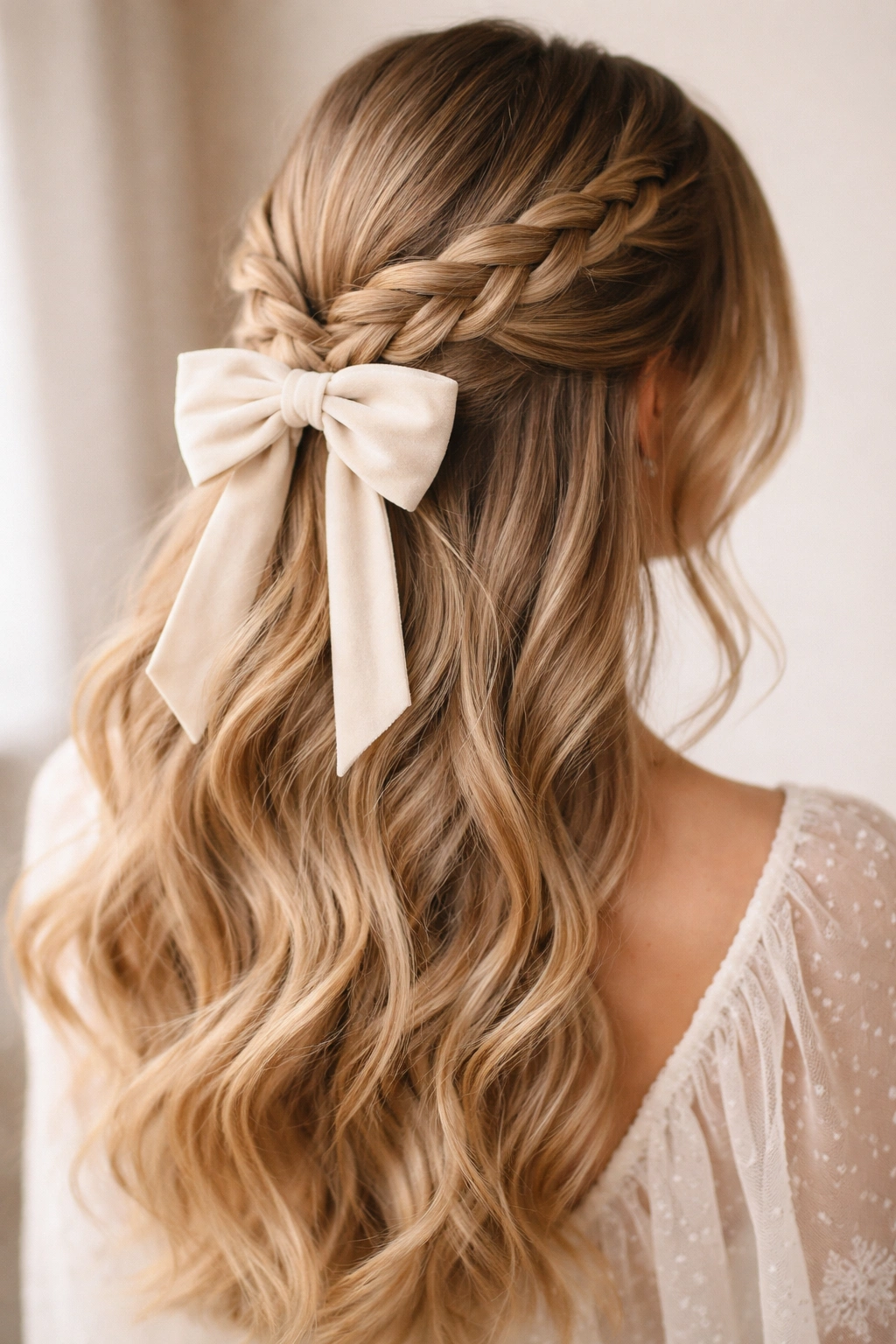 Braided half-up with bow hairstyle with loose hair and gathered braid