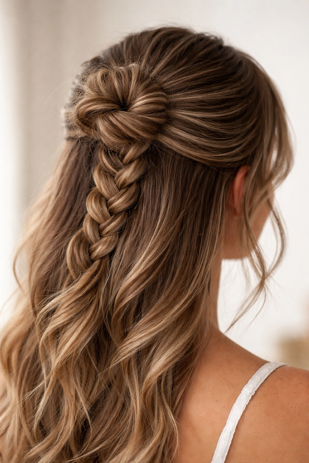 Braided half-up bun with a three-strand braid coiled into a bun