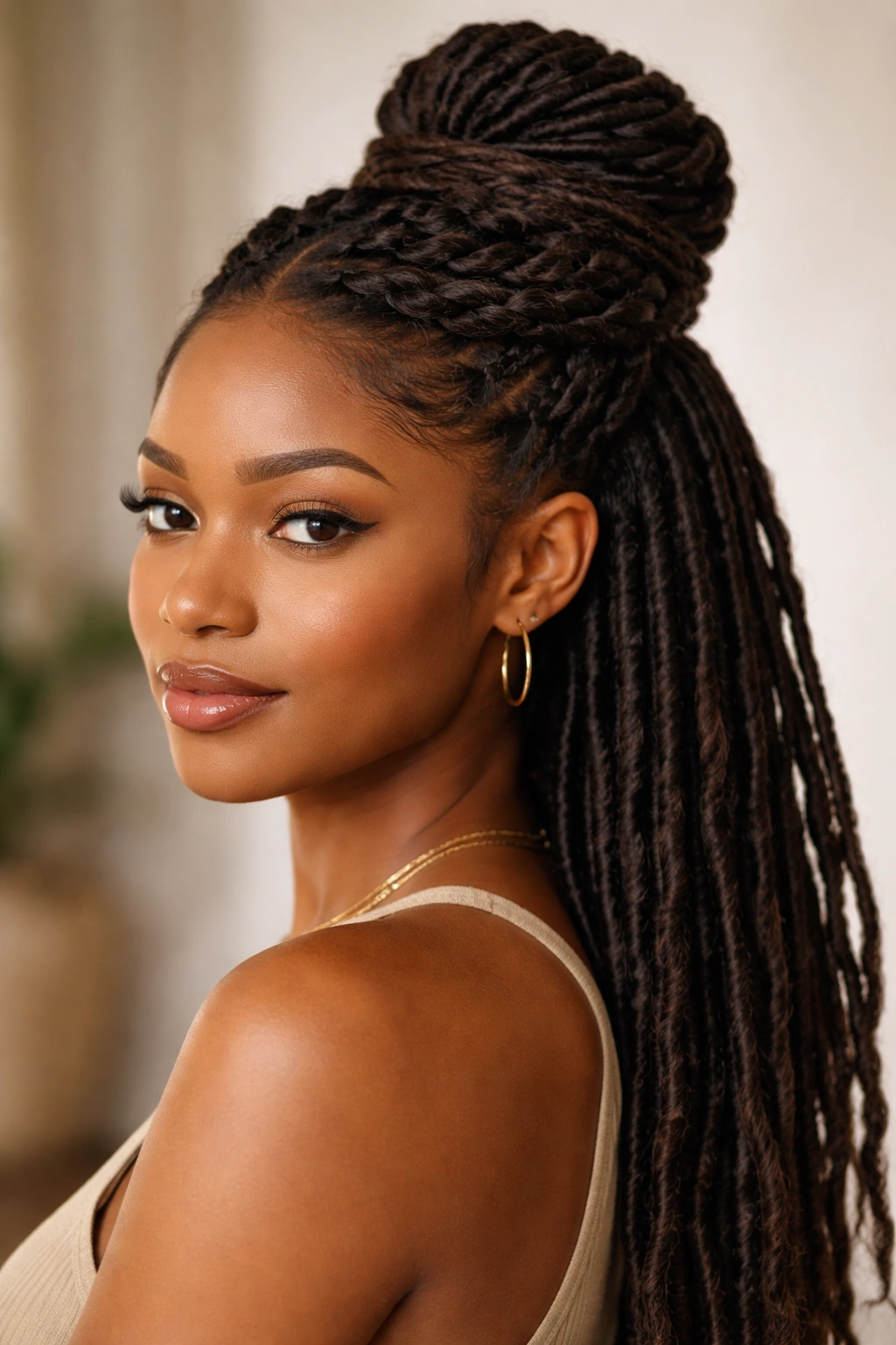 Braided half-up bun with wrapped detail on locs