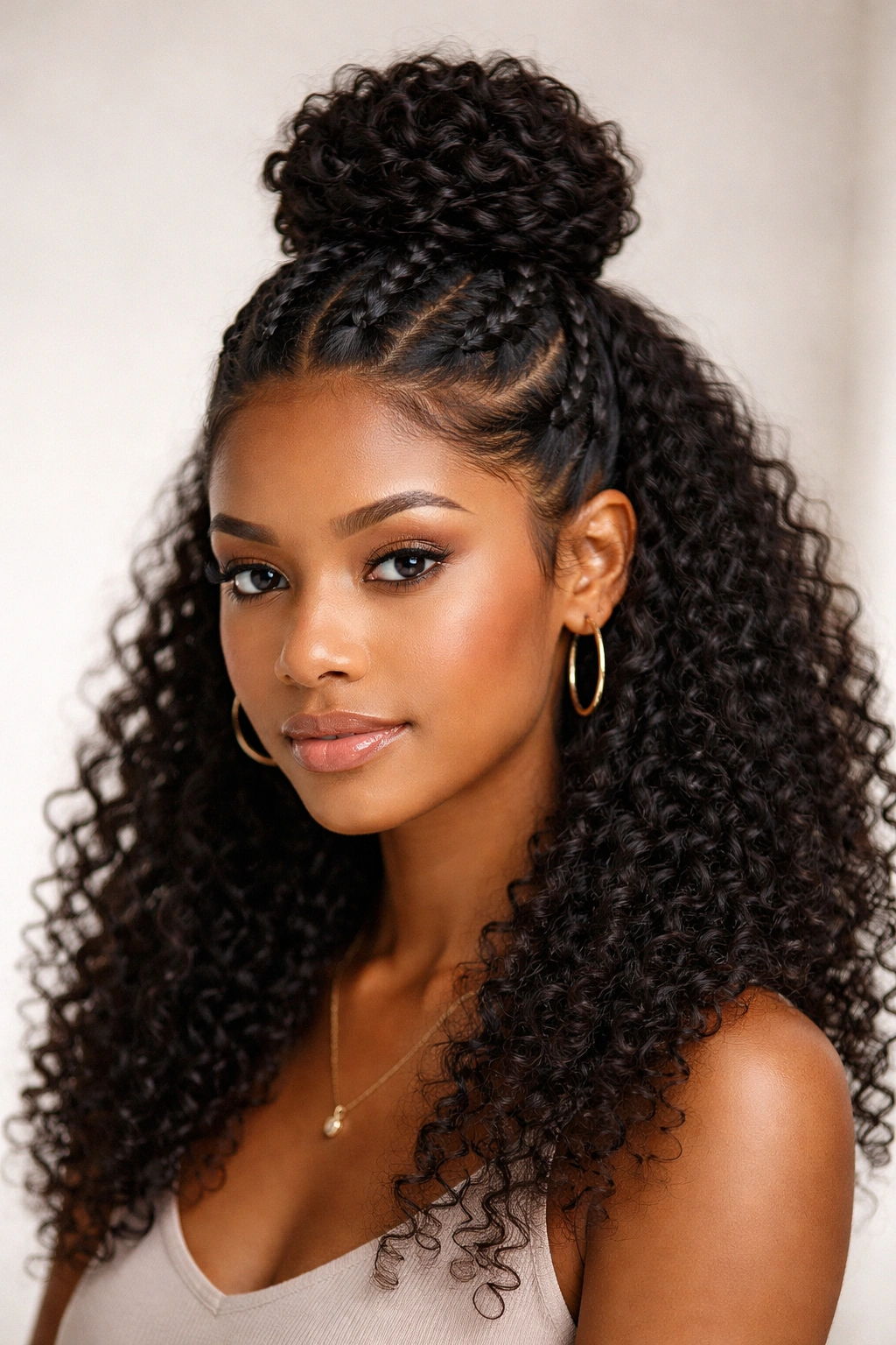 Braided half-up bun with loose braids coiled at the crown