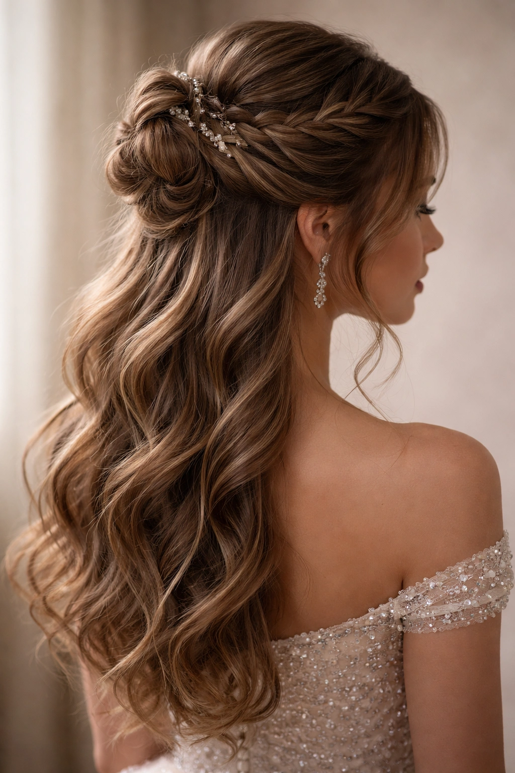 Close-up of The Romantic Braided Half-Up Bun with braids feeding into a crown bun.