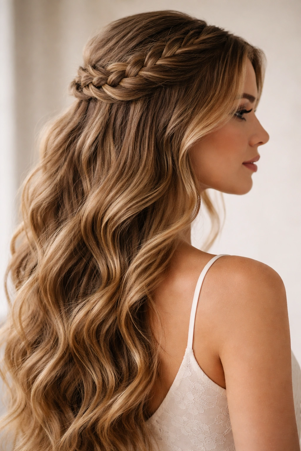 Close-up of thick hair with a crown braid and cascading waves in a half-up style