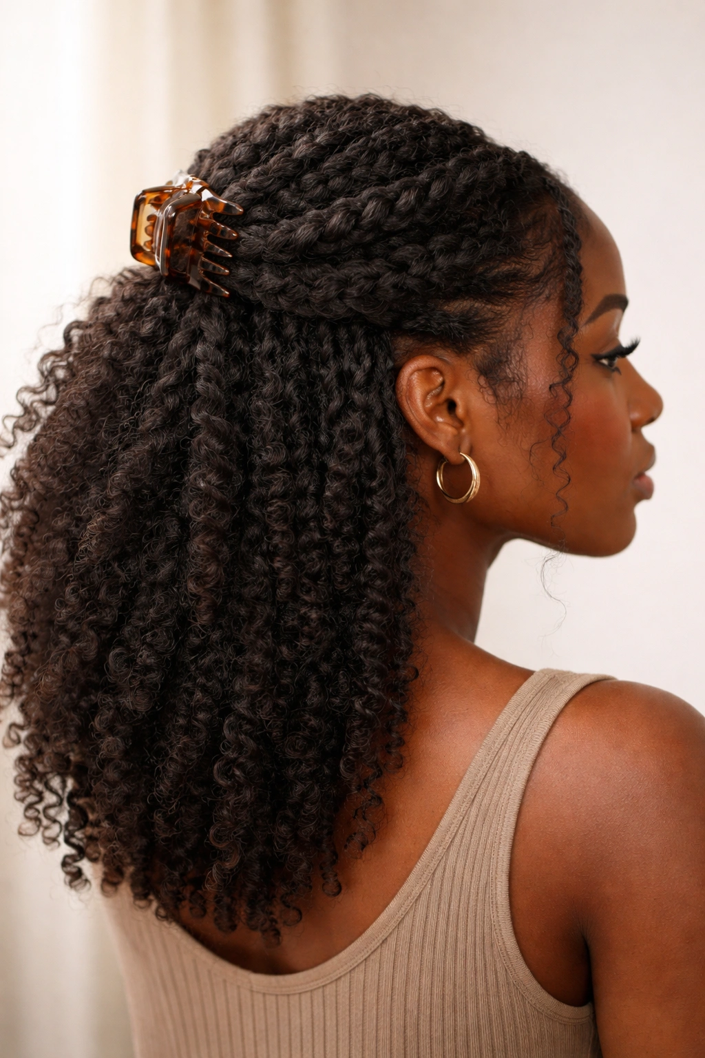 Braided section half-up with loose textured braids gathered and clipped