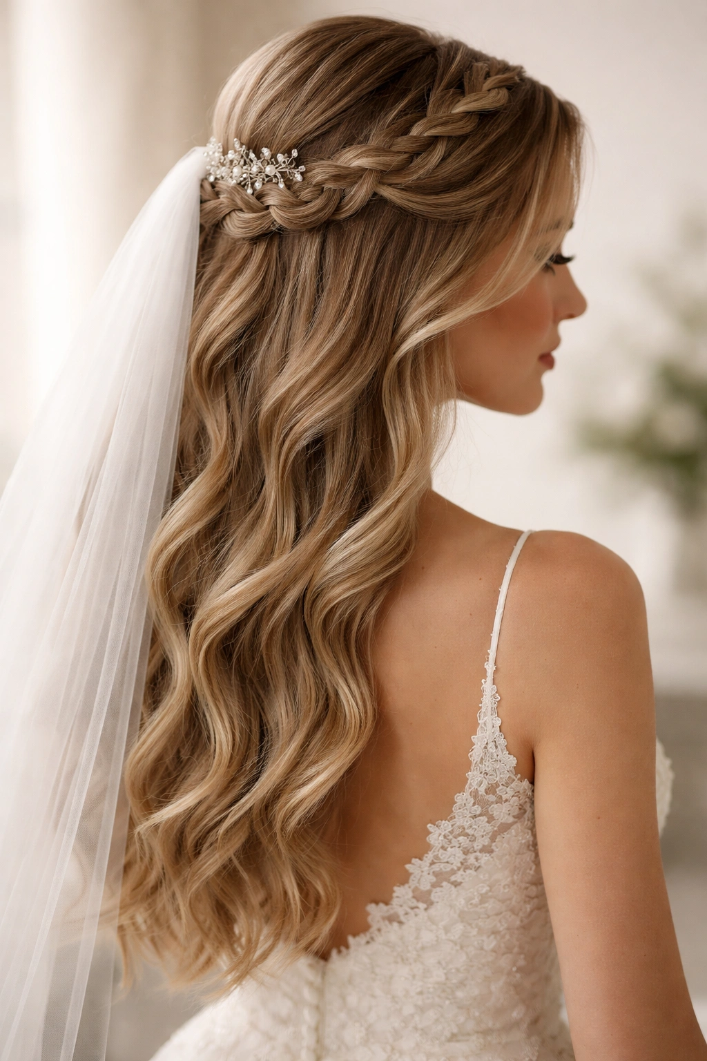 Braided half up crown with flowing veil and soft waves