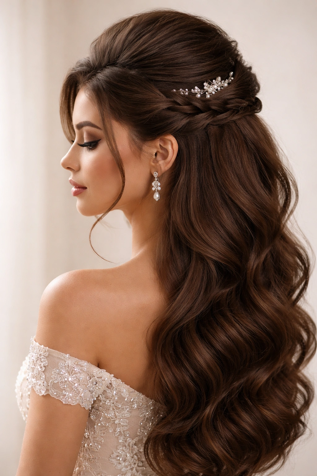 Braided half-up hairstyle with voluminous crown and braid line