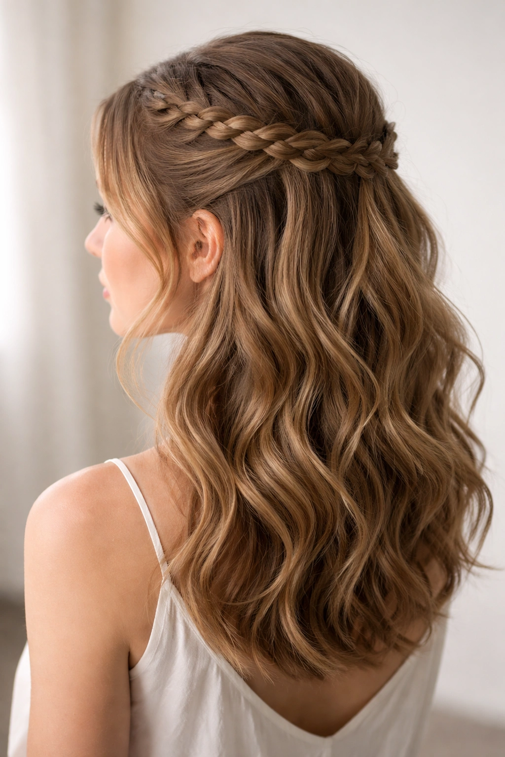 Side/back view of a braided half-up crown with waves flowing down