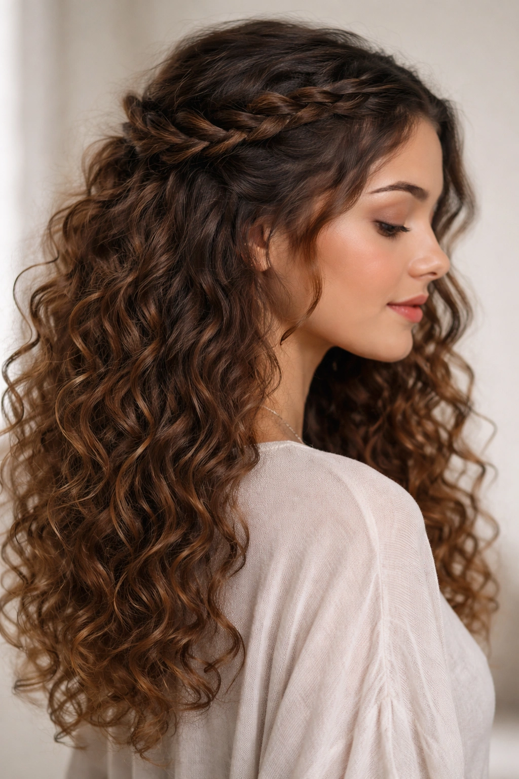 Braided half-up hairstyle with a loose braid and loose curls.