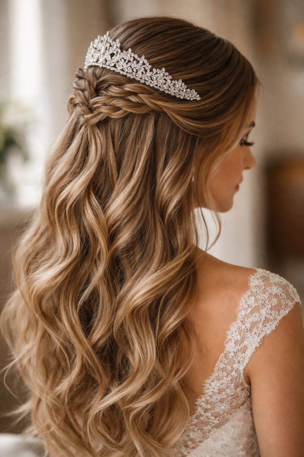 Close-up of a braided half-up hairstyle with a diamond tiara
