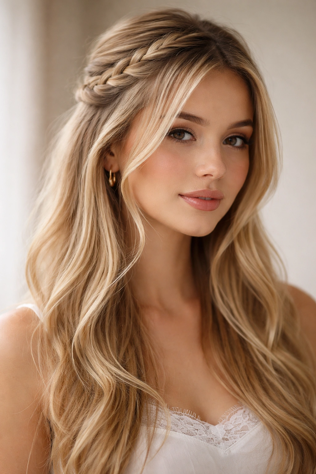 Braided half up hairstyle with face-framing layers