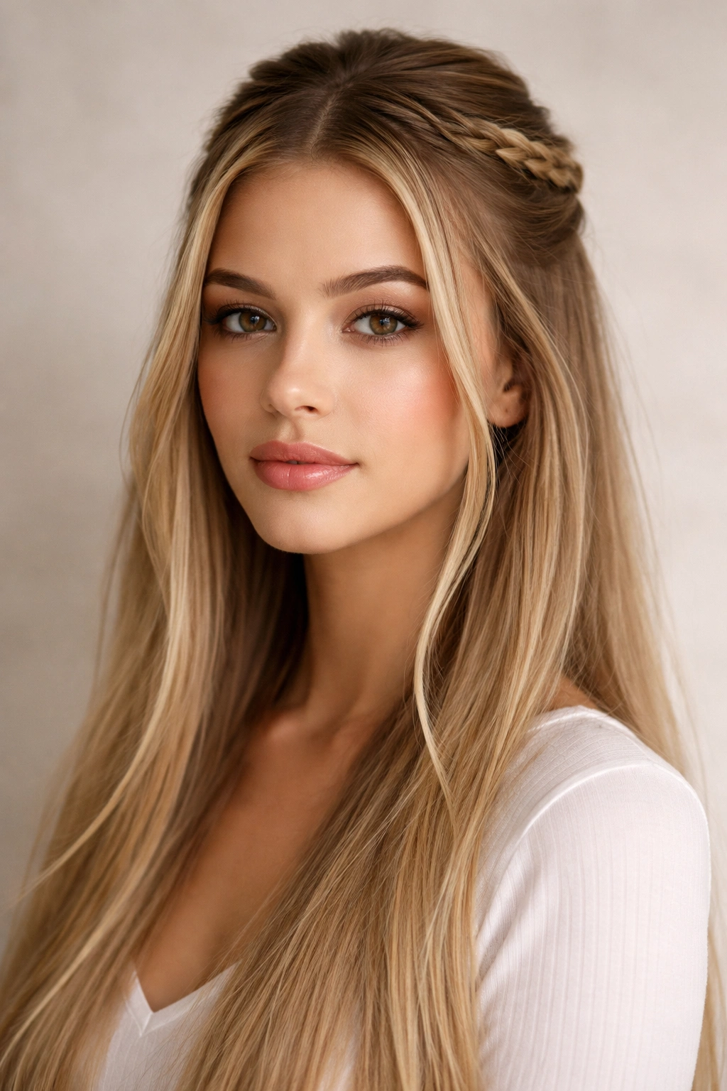 Braided half-up with face-framing pieces on straight hair