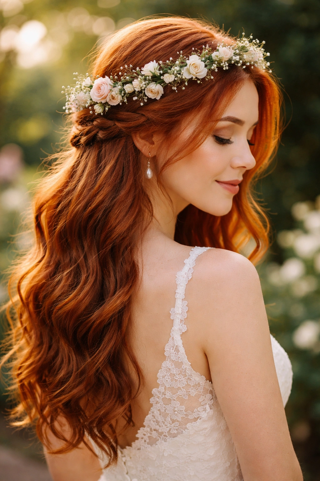 Romantic braided half-up with flower crown on red hair in a garden