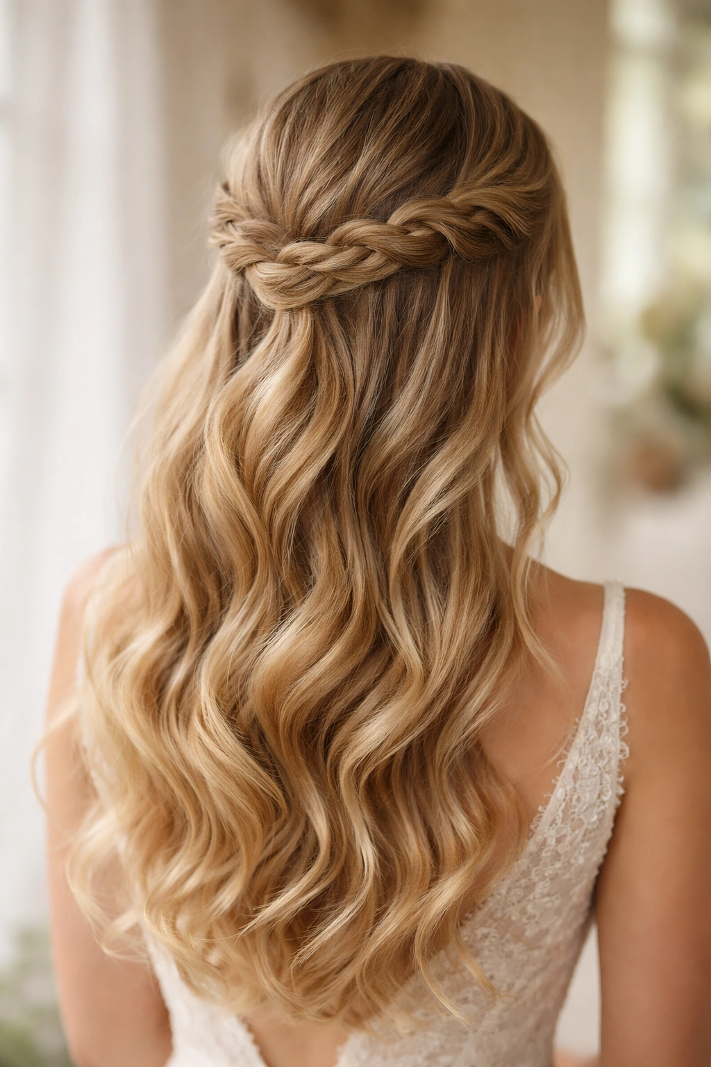 Back view of braided half-up hairstyle with braid starting at temple