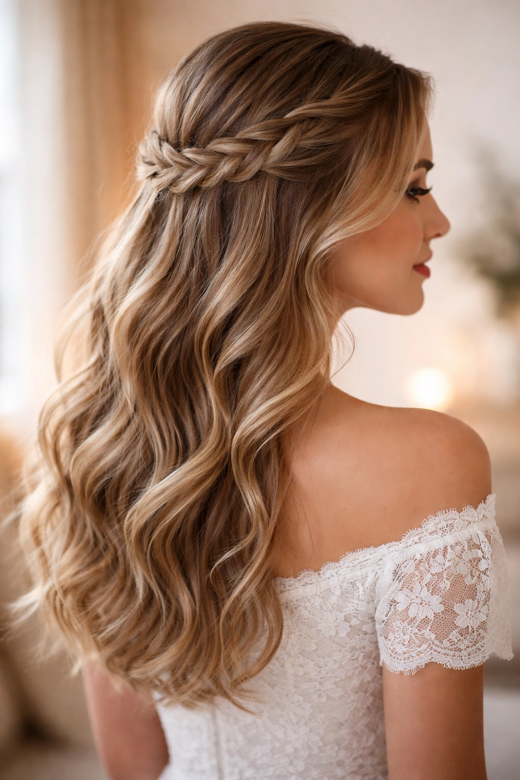 Romantic braided half up half down hairstyle with loose braid and flowing waves