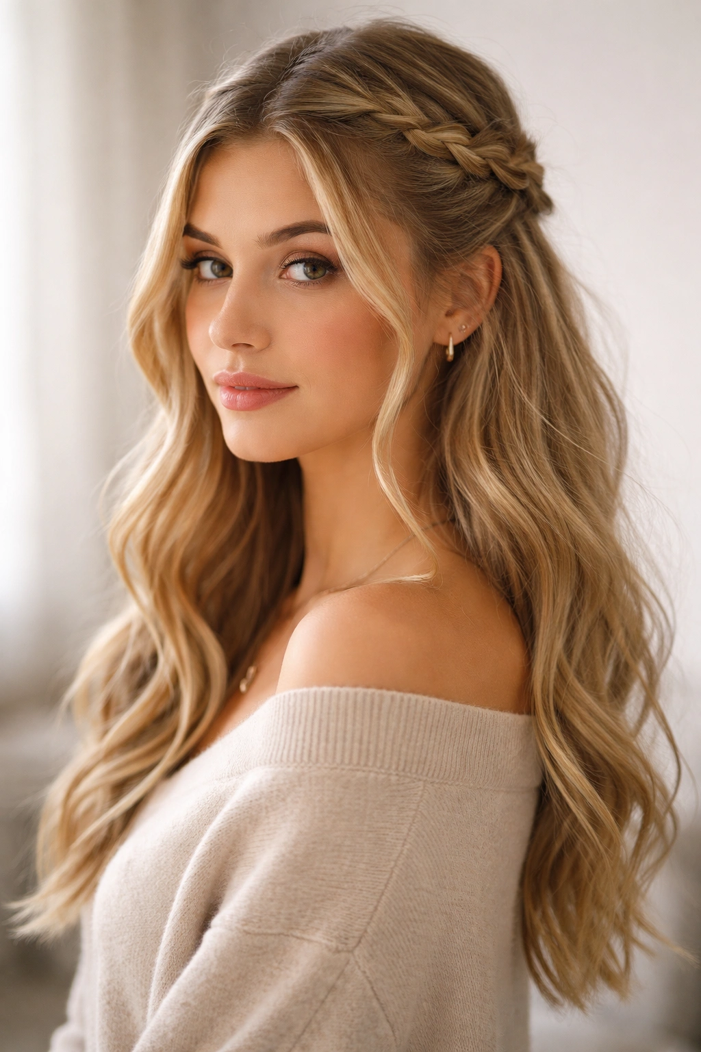 Casual braided half-up hairstyle with loose ends and flowing waves