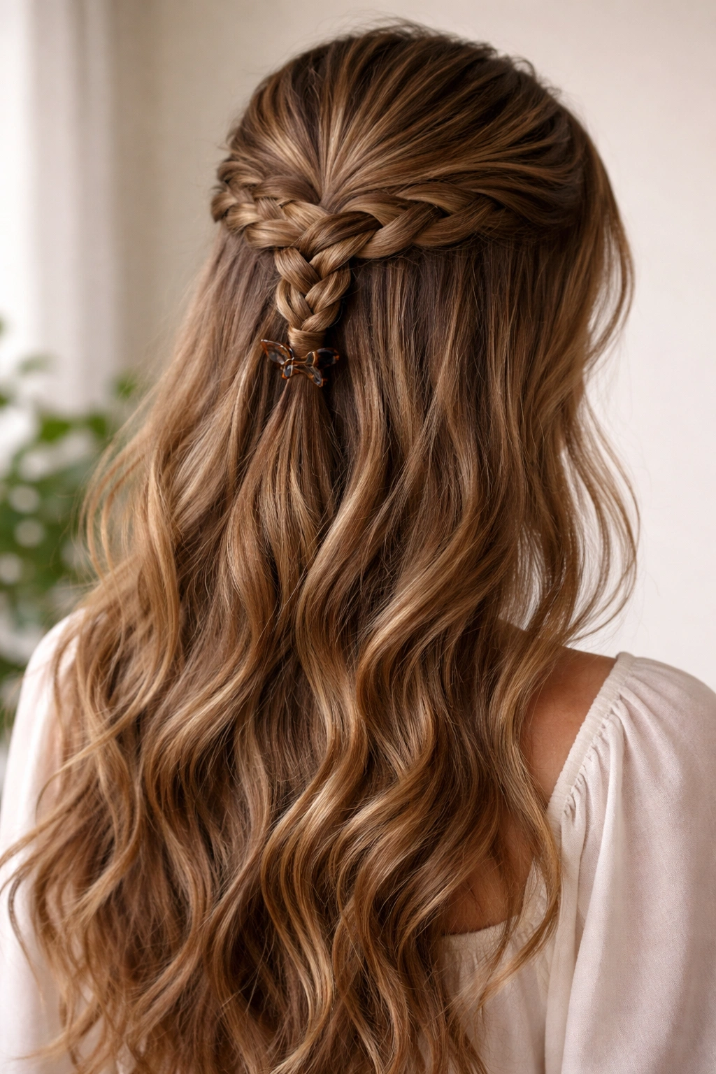 Braided half up hairstyle with clip hidden under the braid
