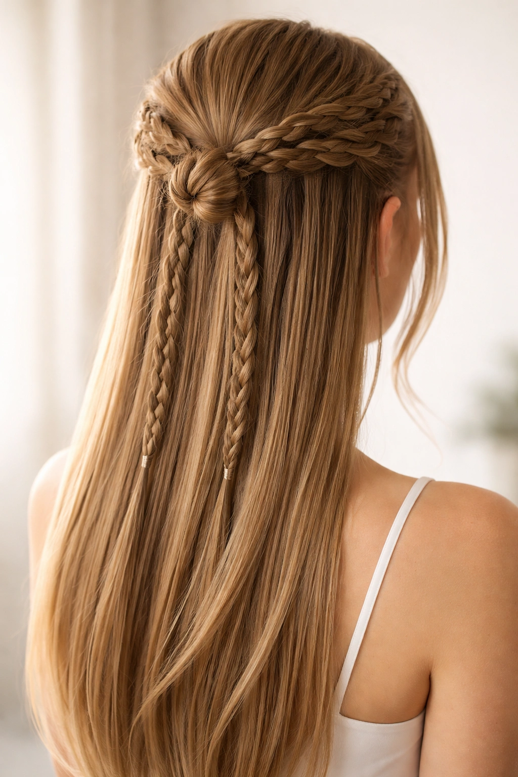 Braided half-up style with braids meeting at the crown