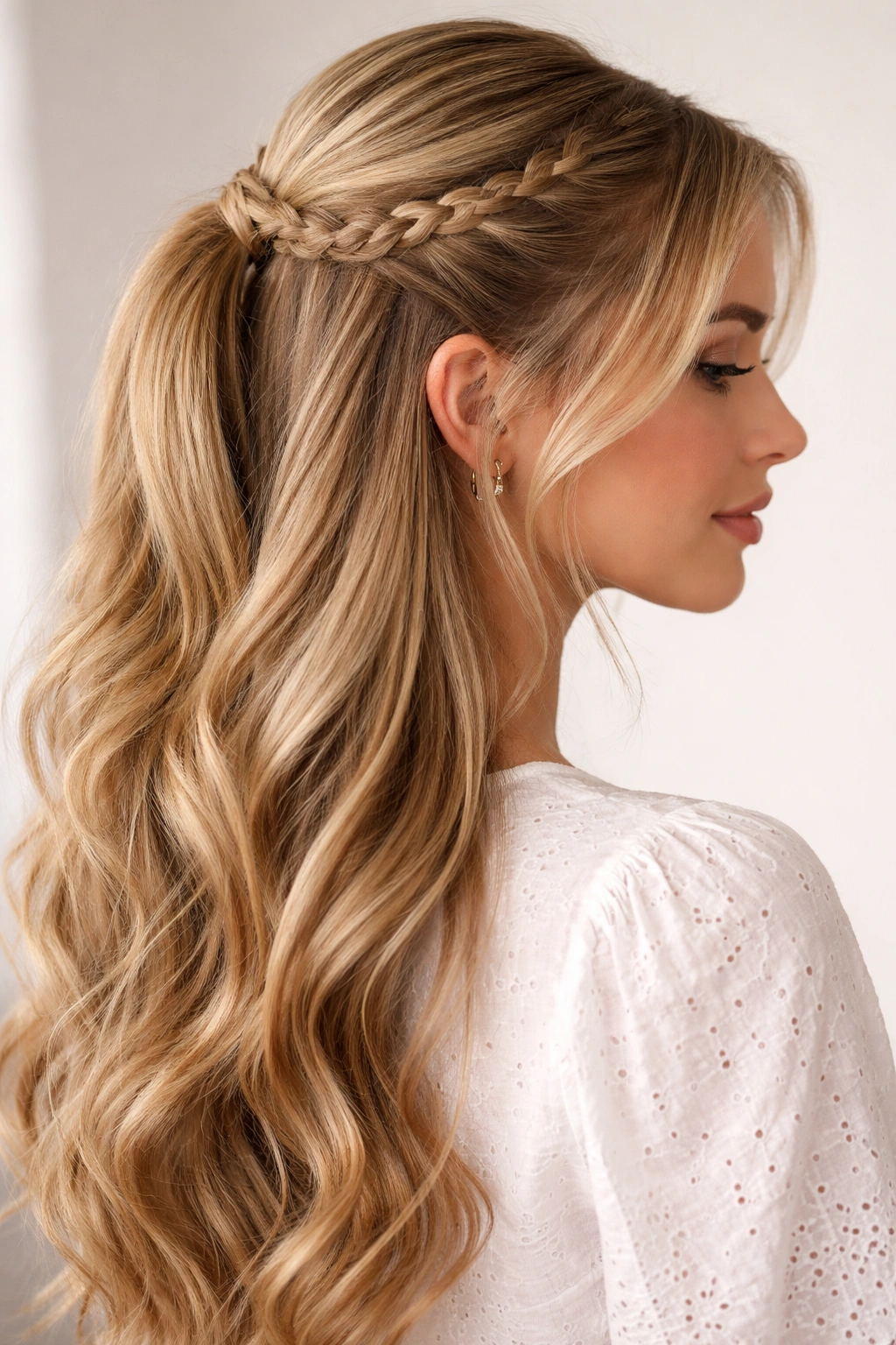 Close-up of braided half-up half-down hairstyle showing a small three-strand braid integrated into loose hair