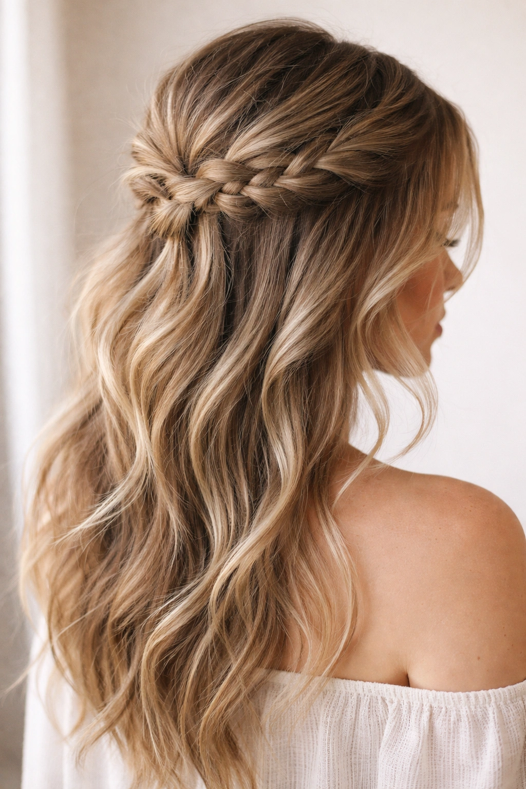 Loose three-strand braid woven into the top half for texture and volume.