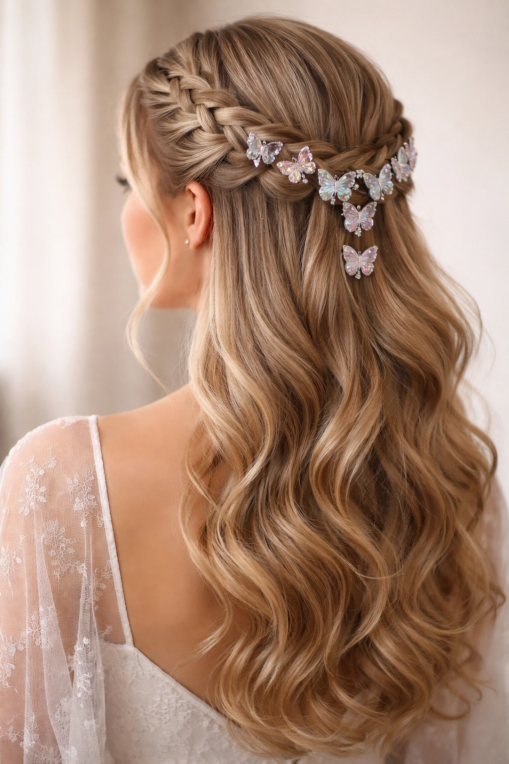 Braided half-up halo effect hairstyle with multiple clips