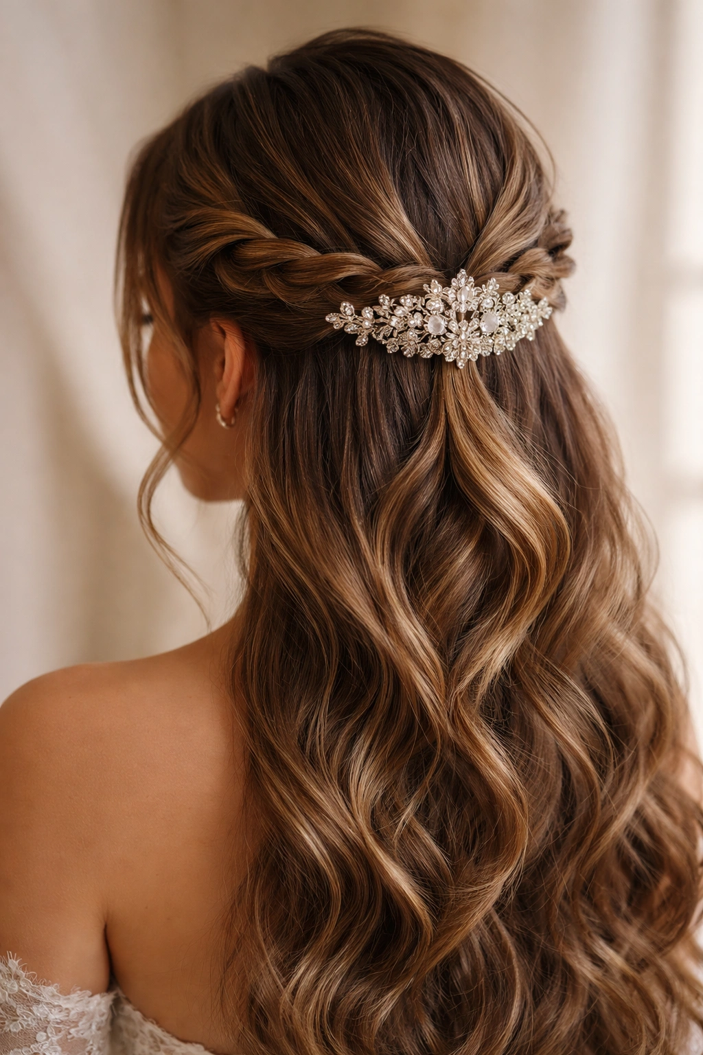 Half-up braid with ornate jeweled comb detail
