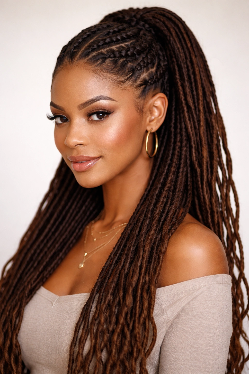 Half up hairstyle with braids feeding into a ponytail